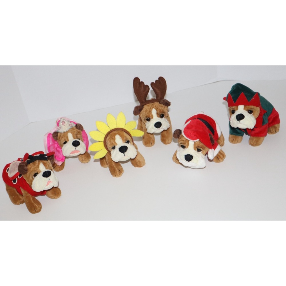 RUSS Zelda Wisdom Bulldog Stuffed Dog Plush Lot of 6 w/ Costumes Outfits Vintage